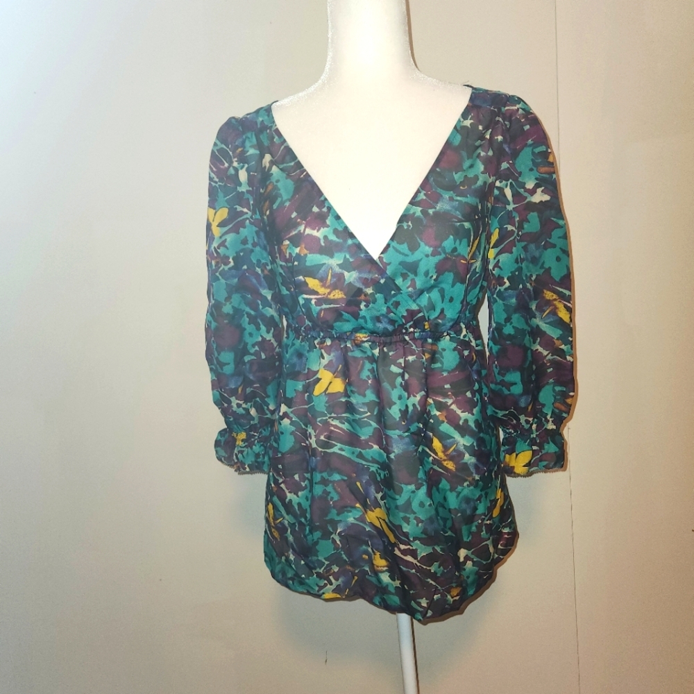 LOFT Teal Purple Yellow Blue Abstract Floral V-Neck Tunic Blouse Medium M EUC